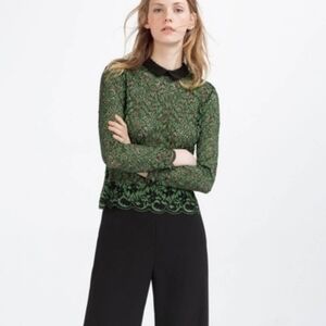 Zara Green Lace Blouse with Black Collar